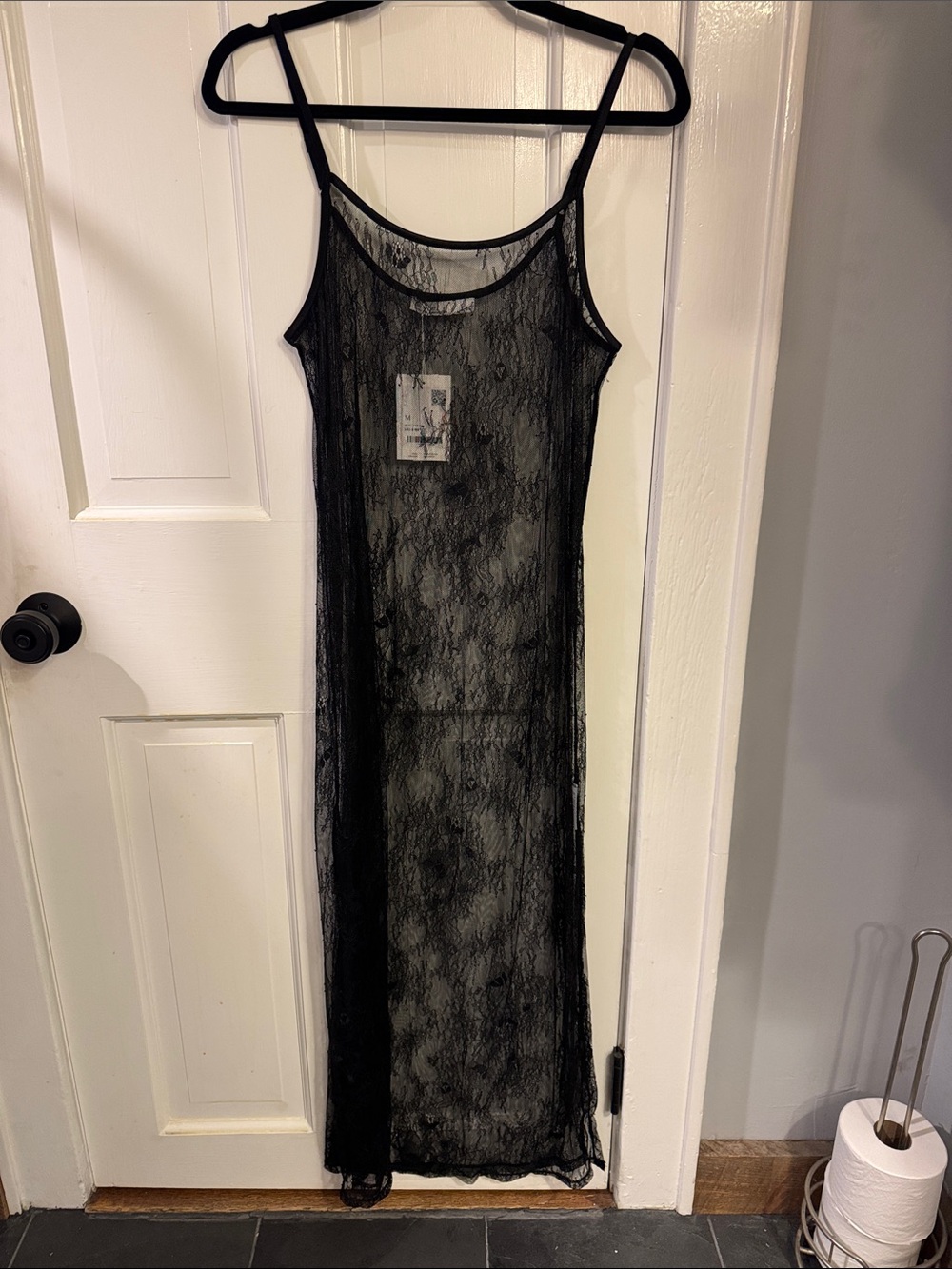 OAK + FORT Black Sheer Lace Maxi Slip Dress with Spaghetti Straps